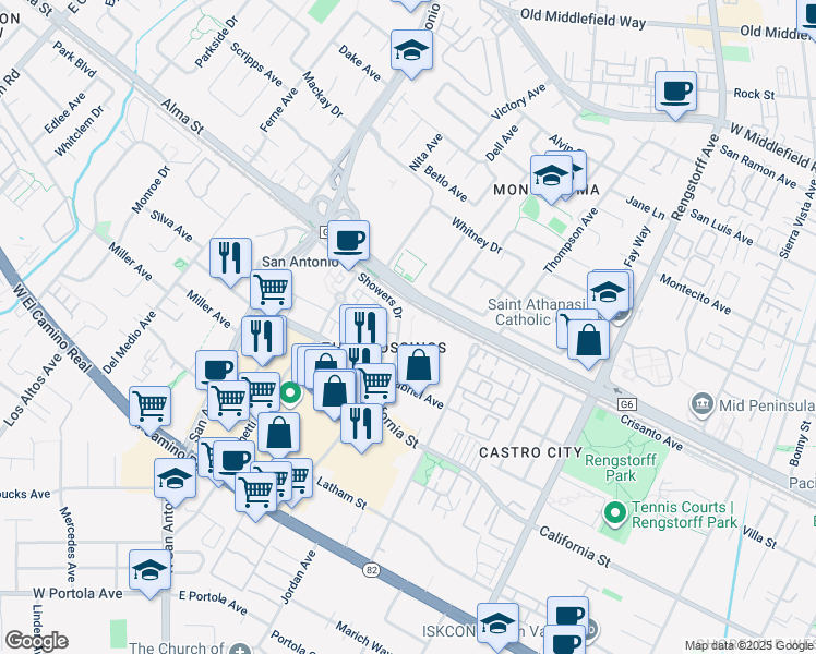 map of restaurants, bars, coffee shops, grocery stores, and more near 49 Showers Drive in Mountain View