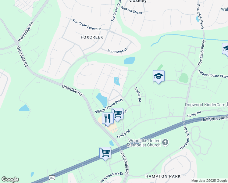 map of restaurants, bars, coffee shops, grocery stores, and more near 15913 Lewisham Drive in Midlothian