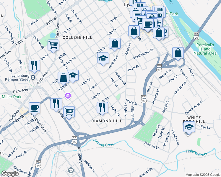 map of restaurants, bars, coffee shops, grocery stores, and more near 1506 Monroe Street in Lynchburg