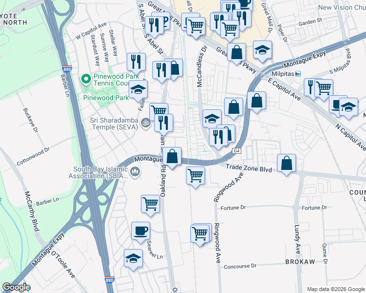 map of restaurants, bars, coffee shops, grocery stores, and more near 1945 Lee Way in Milpitas
