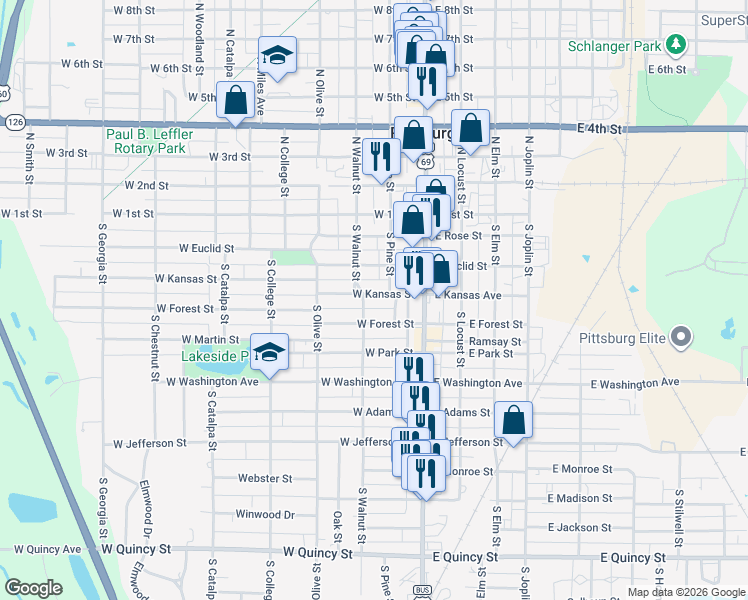 map of restaurants, bars, coffee shops, grocery stores, and more near 206 West Kansas Street in Pittsburg