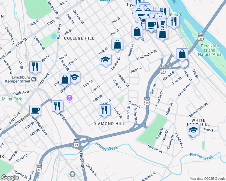map of restaurants, bars, coffee shops, grocery stores, and more near 1506 Monroe Street in Lynchburg