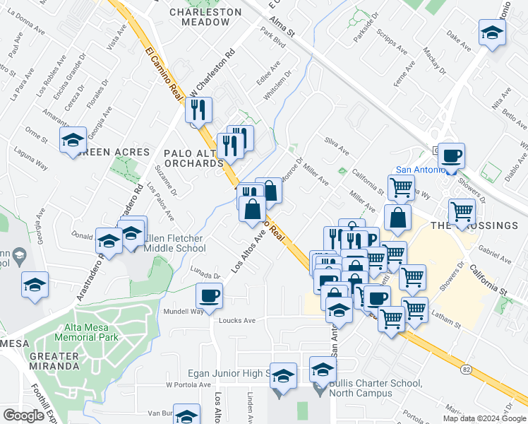 map of restaurants, bars, coffee shops, grocery stores, and more near 329 Ryan Lane in Palo Alto