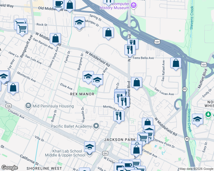 map of restaurants, bars, coffee shops, grocery stores, and more near 787 San Clemente Way in Mountain View