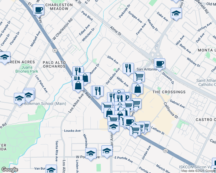 map of restaurants, bars, coffee shops, grocery stores, and more near 2680 Fayette Drive in Mountain View