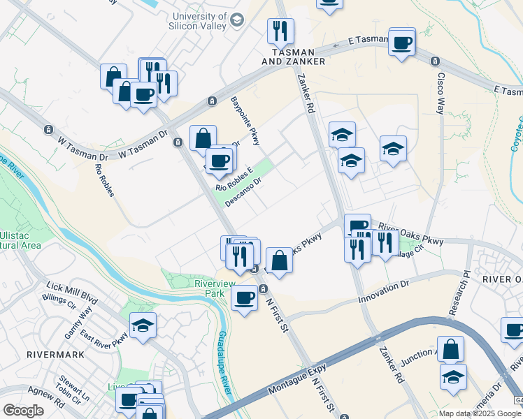 map of restaurants, bars, coffee shops, grocery stores, and more near 60 Descanso Drive in San Jose