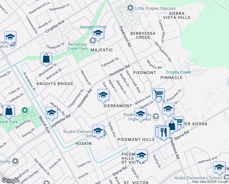 map of restaurants, bars, coffee shops, grocery stores, and more near 1552 Sun Lane in San Jose