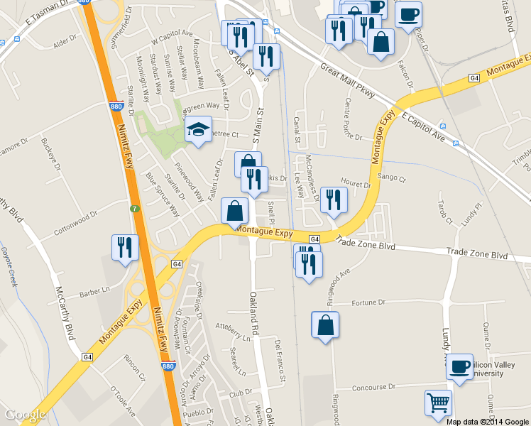 map of restaurants, bars, coffee shops, grocery stores, and more near 1745 Snell Place in Milpitas