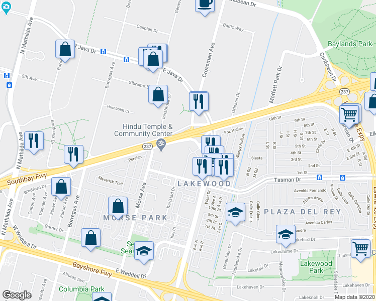 map of restaurants, bars, coffee shops, grocery stores, and more near 509 Porpoise Bay Terrace in Sunnyvale