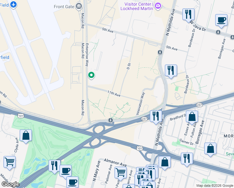 map of restaurants, bars, coffee shops, grocery stores, and more near 809 11th Ave in Sunnyvale