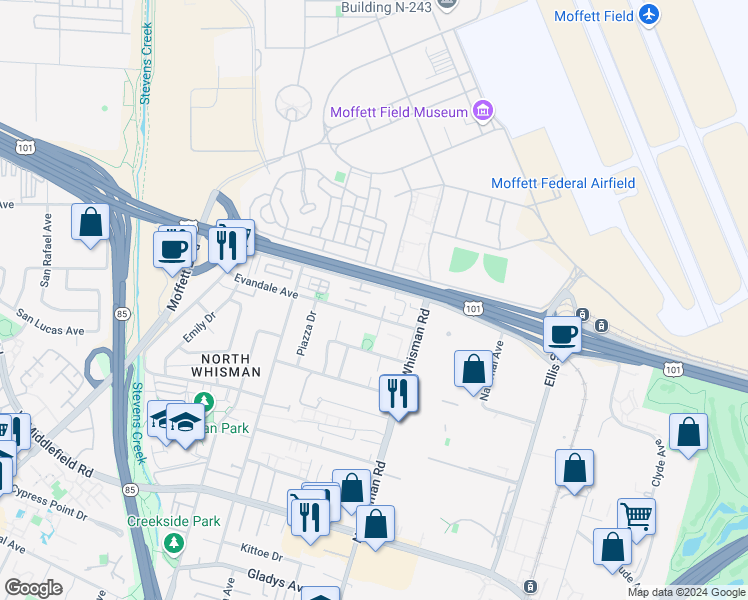 map of restaurants, bars, coffee shops, grocery stores, and more near 190 Wiley Terrace in Mountain View