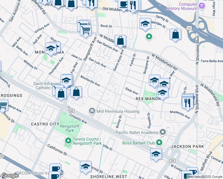 map of restaurants, bars, coffee shops, grocery stores, and more near 1926 Montecito Avenue in Mountain View