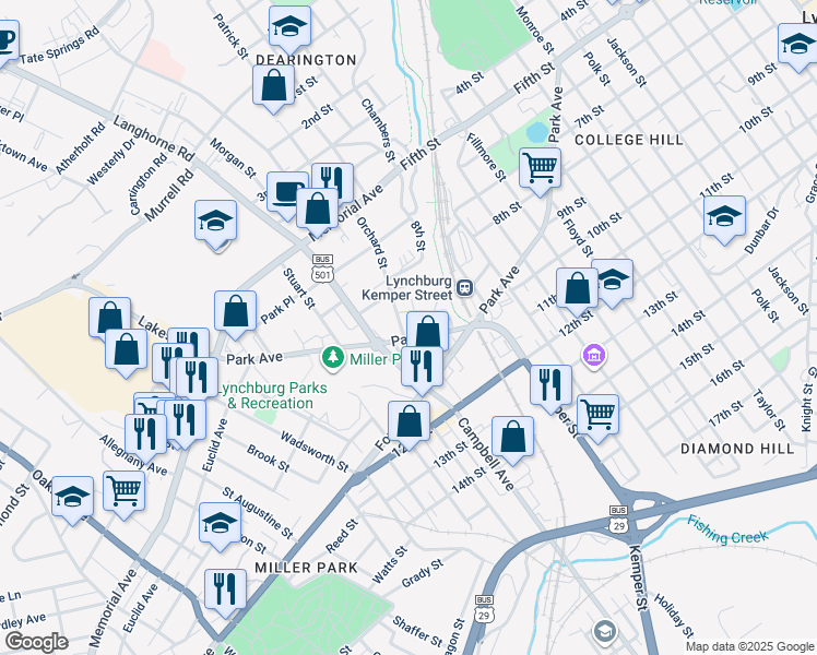 map of restaurants, bars, coffee shops, grocery stores, and more near 800 Orchard St in Lynchburg