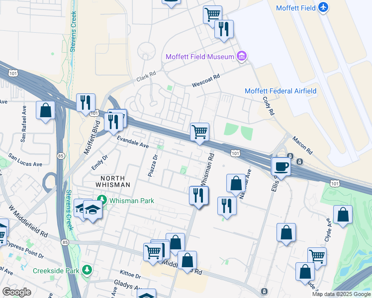 map of restaurants, bars, coffee shops, grocery stores, and more near 190 Wiley Terrace in Mountain View