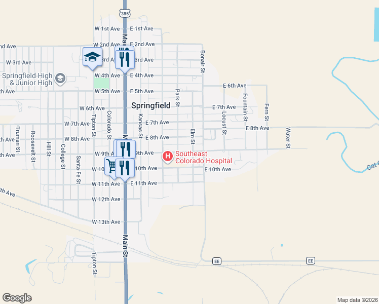 map of restaurants, bars, coffee shops, grocery stores, and more near 525 East 9th Avenue in Springfield