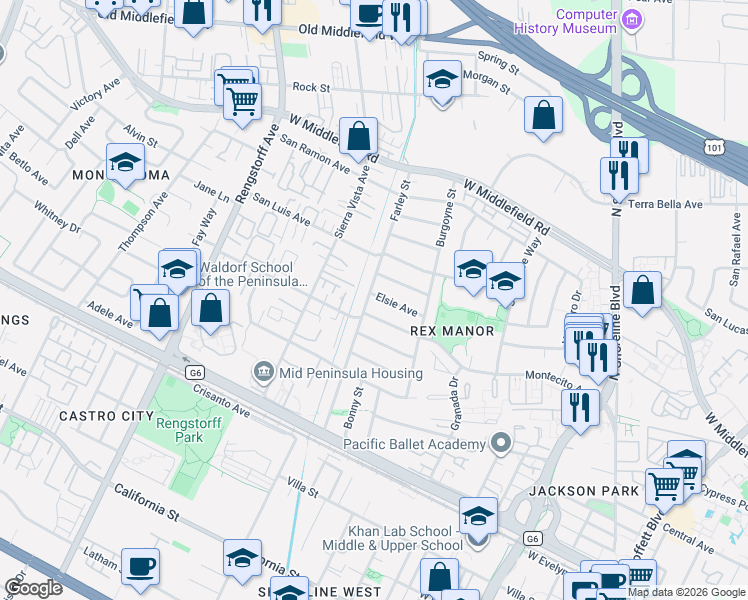 map of restaurants, bars, coffee shops, grocery stores, and more near 1874 Elsie Avenue in Mountain View