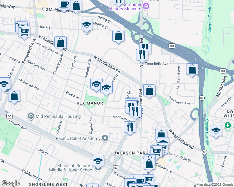 map of restaurants, bars, coffee shops, grocery stores, and more near 787 San Clemente Way in Mountain View