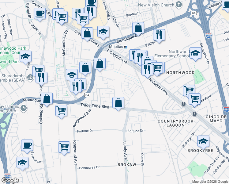 map of restaurants, bars, coffee shops, grocery stores, and more near 1900 Journey Street in Milpitas