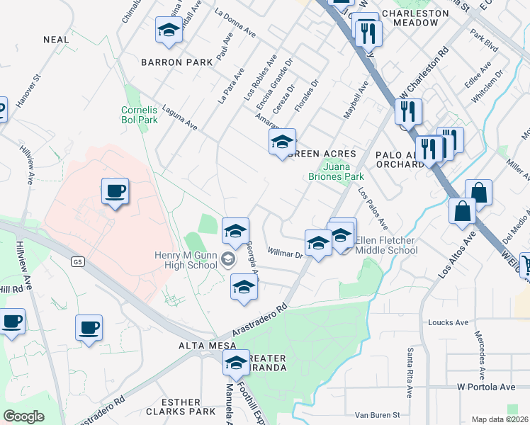 map of restaurants, bars, coffee shops, grocery stores, and more near 4120 Donald Drive in Palo Alto
