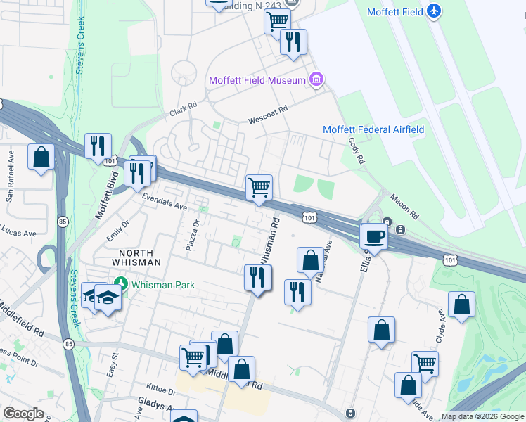 map of restaurants, bars, coffee shops, grocery stores, and more near 271 Fairchild Drive in Mountain View