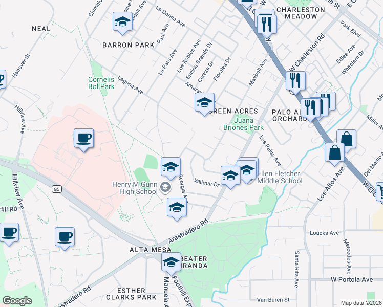 map of restaurants, bars, coffee shops, grocery stores, and more near 4120 Donald Drive in Palo Alto