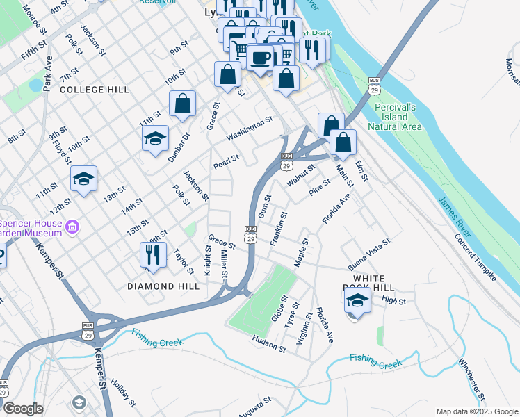 map of restaurants, bars, coffee shops, grocery stores, and more near 617 Gum Street in Lynchburg