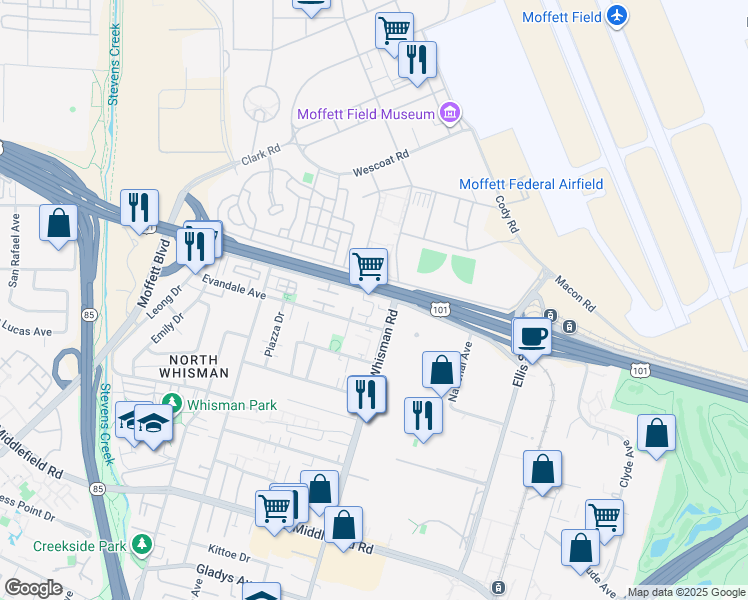 map of restaurants, bars, coffee shops, grocery stores, and more near 271 Fairchild Drive in Mountain View