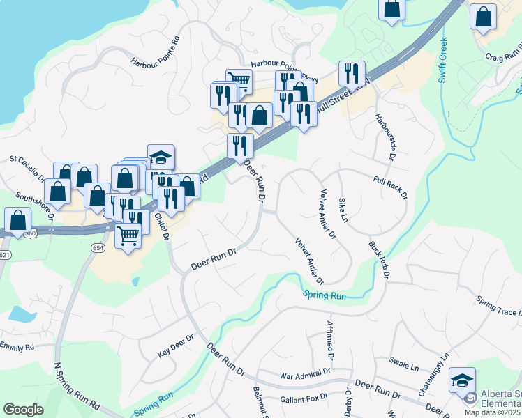 map of restaurants, bars, coffee shops, grocery stores, and more near 13798 Velvet Antler Lane in Midlothian