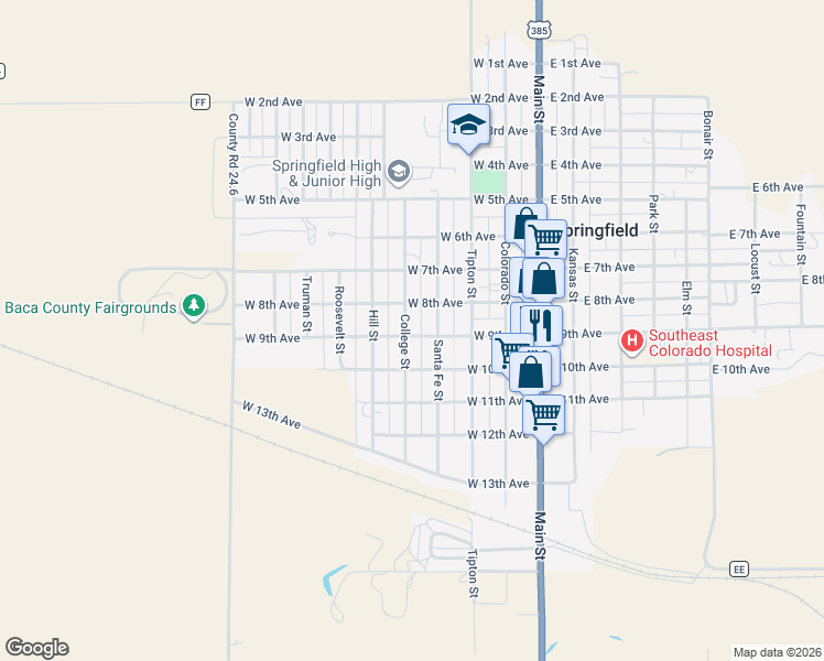 map of restaurants, bars, coffee shops, grocery stores, and more near 833 Santa Fe Street in Springfield