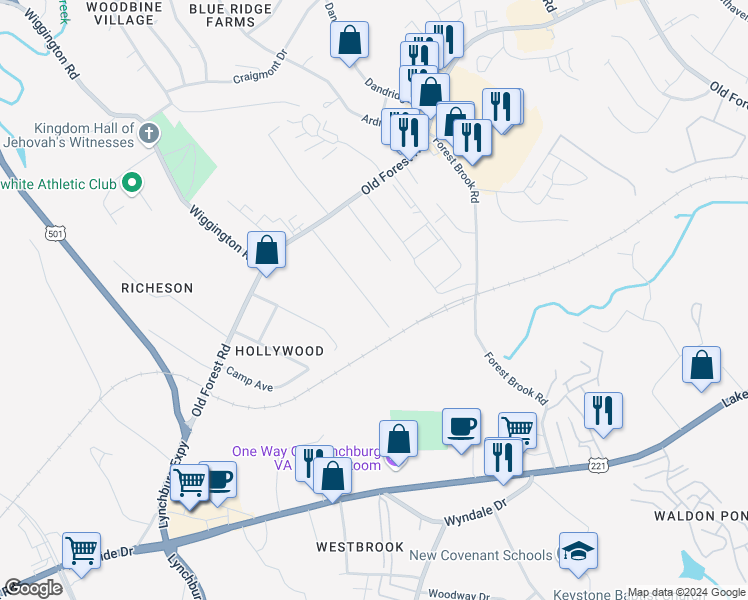 map of restaurants, bars, coffee shops, grocery stores, and more near 124 Primrose Lane in Lynchburg