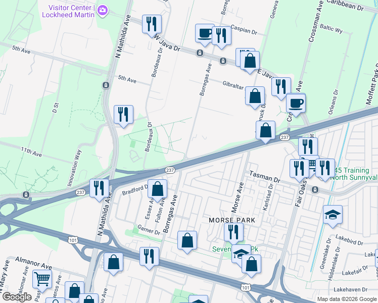 map of restaurants, bars, coffee shops, grocery stores, and more near 215 West Moffett Park Drive in Sunnyvale