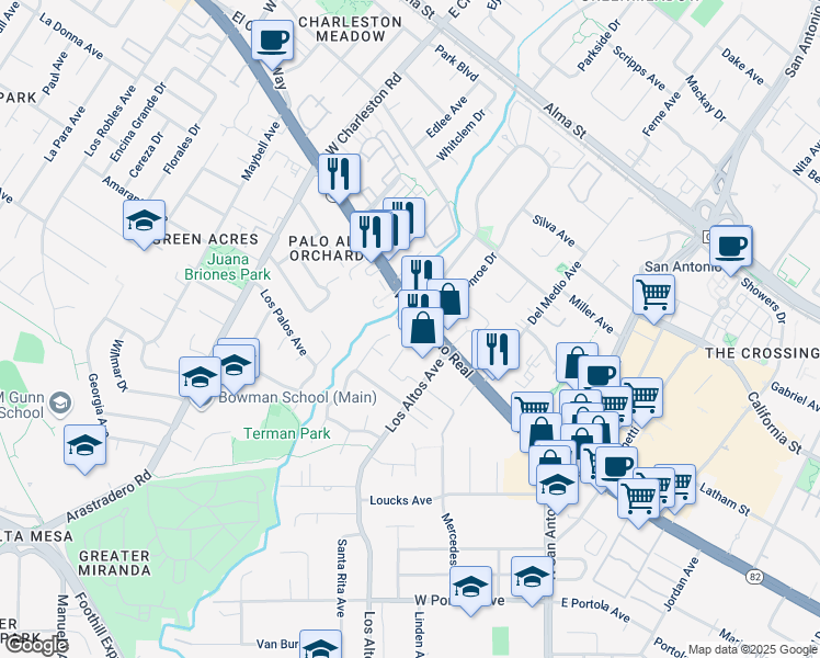 map of restaurants, bars, coffee shops, grocery stores, and more near 4300 California 82 in Los Altos