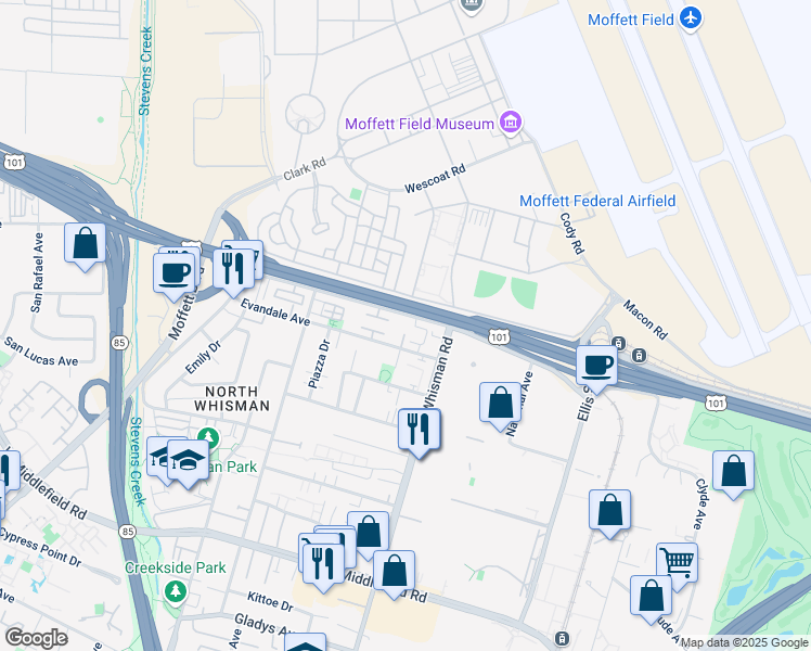 map of restaurants, bars, coffee shops, grocery stores, and more near 261 Fairchild Drive in Mountain View