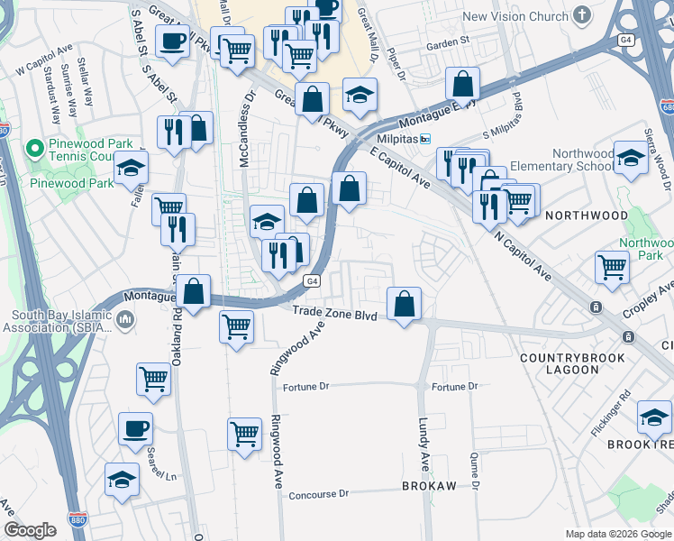 map of restaurants, bars, coffee shops, grocery stores, and more near 318 Expedition Lane in Milpitas