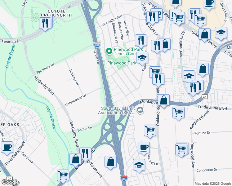 map of restaurants, bars, coffee shops, grocery stores, and more near 337 Silvertip Court in Milpitas