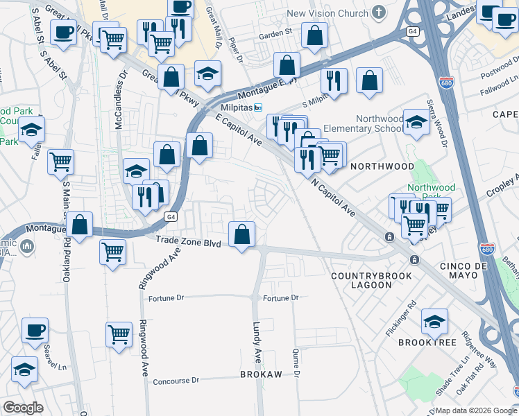 map of restaurants, bars, coffee shops, grocery stores, and more near 1901 Tarob Court in Milpitas