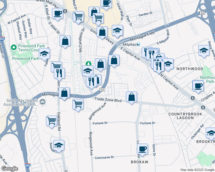 map of restaurants, bars, coffee shops, grocery stores, and more near 1820 Houret Court in Milpitas