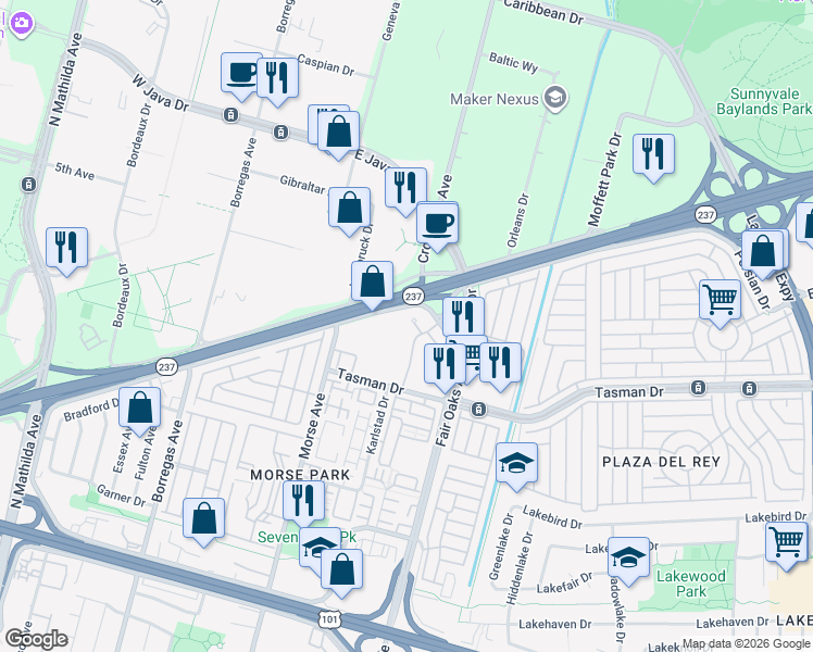 map of restaurants, bars, coffee shops, grocery stores, and more near 509 Porpoise Bay Terrace in Sunnyvale