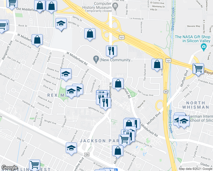 map of restaurants, bars, coffee shops, grocery stores, and more near 750 North Shoreline Boulevard in Mountain View