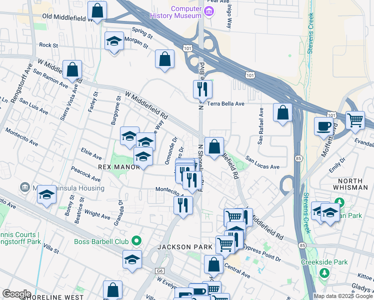 map of restaurants, bars, coffee shops, grocery stores, and more near 750 North Shoreline Boulevard in Mountain View
