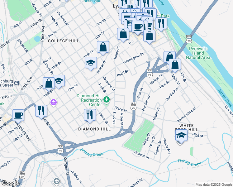 map of restaurants, bars, coffee shops, grocery stores, and more near 1815 Vine Street in Lynchburg