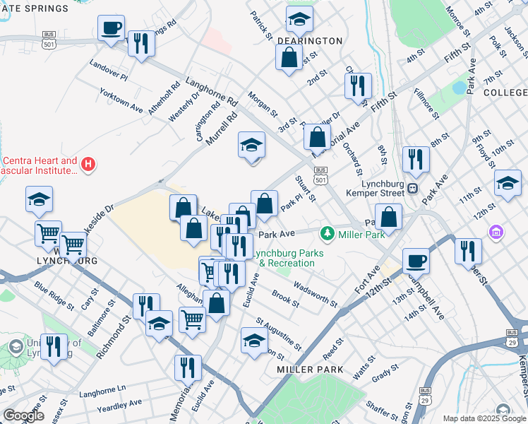 map of restaurants, bars, coffee shops, grocery stores, and more near 2223 Park Place in Lynchburg