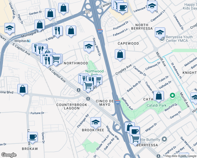map of restaurants, bars, coffee shops, grocery stores, and more near 1902 Lakewood Drive in San Jose