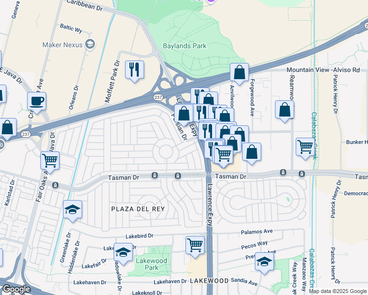 map of restaurants, bars, coffee shops, grocery stores, and more near 41 East 4th Street in Sunnyvale