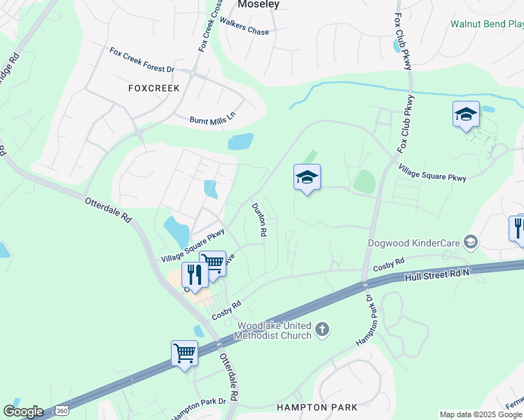 map of restaurants, bars, coffee shops, grocery stores, and more near 6831 Dunton Road in Chesterfield