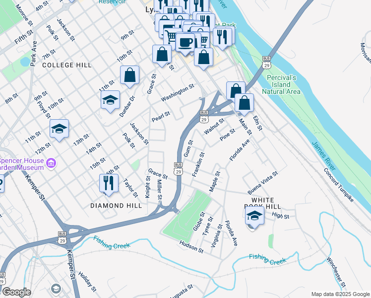 map of restaurants, bars, coffee shops, grocery stores, and more near 617 Gum Street in Lynchburg