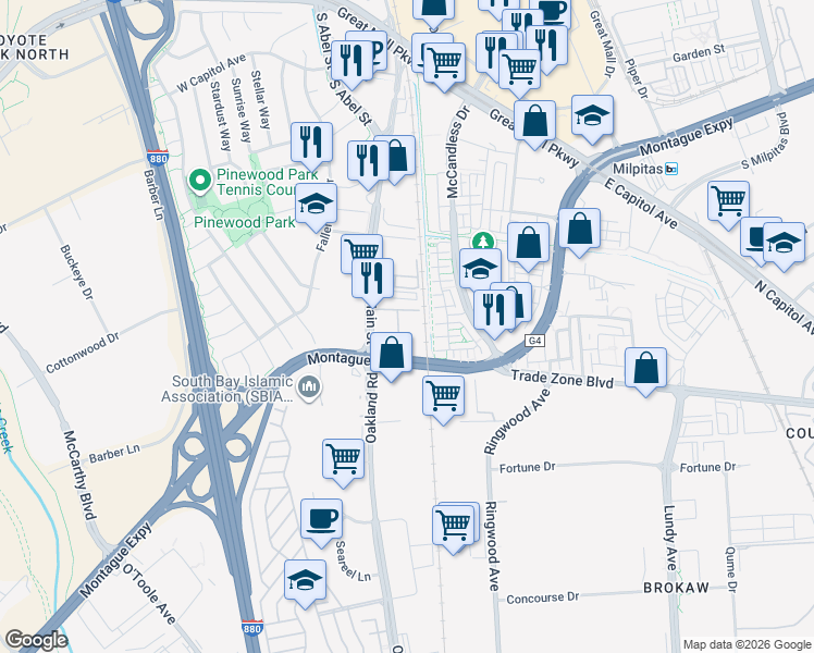 map of restaurants, bars, coffee shops, grocery stores, and more near 1764 Snell Place in Milpitas