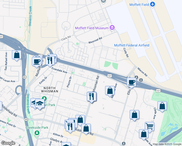 map of restaurants, bars, coffee shops, grocery stores, and more near 261 Fairchild Drive in Mountain View