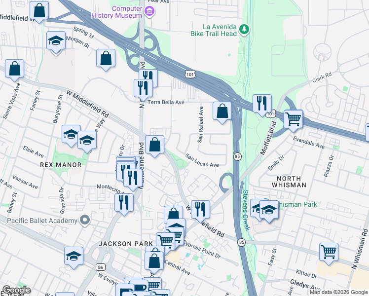 map of restaurants, bars, coffee shops, grocery stores, and more near 874 San Simeon Drive in Mountain View
