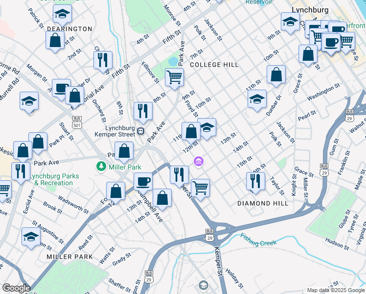 map of restaurants, bars, coffee shops, grocery stores, and more near 1115 Pierce Street in Lynchburg